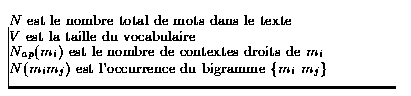 $\textstyle\parbox{85mm}{\vspace{-0.3cm}\raggedright{\small $N$\space est le nom...
 ....05cm}
$N(m_i m_j)$\space est l'occurrence du bigramme \{$m_i$\space $m_j$\}}
}$