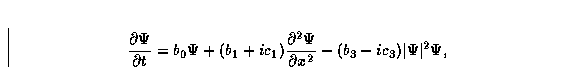 \begin{displaymath}
\displaystyle {{\partial \Psi}\over {\partial t}}
=b_0 \Psi ...
 ... }\over {\partial x^2}}
-(b_3-ic_3 ) \vert\Psi \vert ^2 \Psi , \end{displaymath}